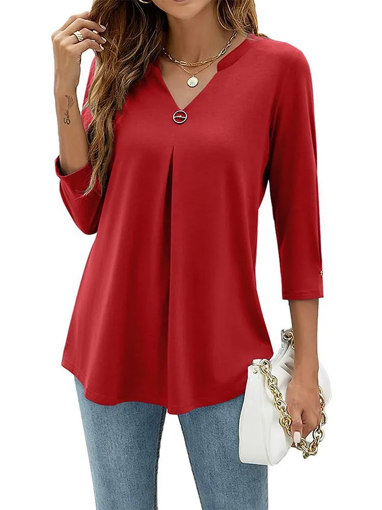 Women's Sleeve Solid Color Clinch Pleated T-shirt Tops