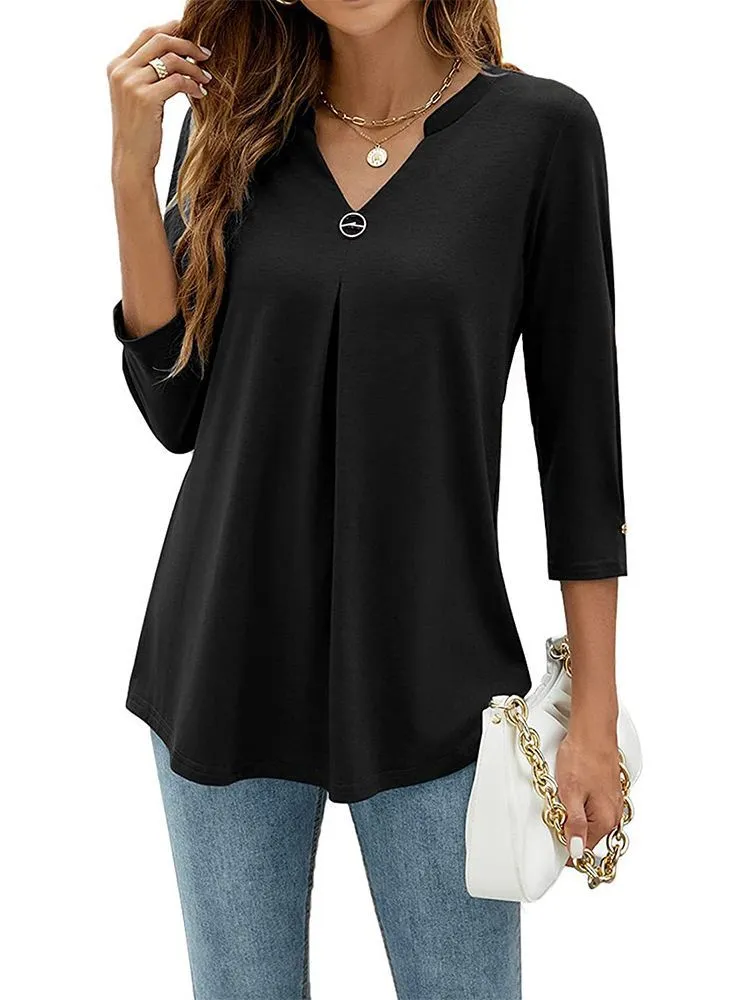 Women's Sleeve Solid Color Clinch Pleated T-shirt Tops