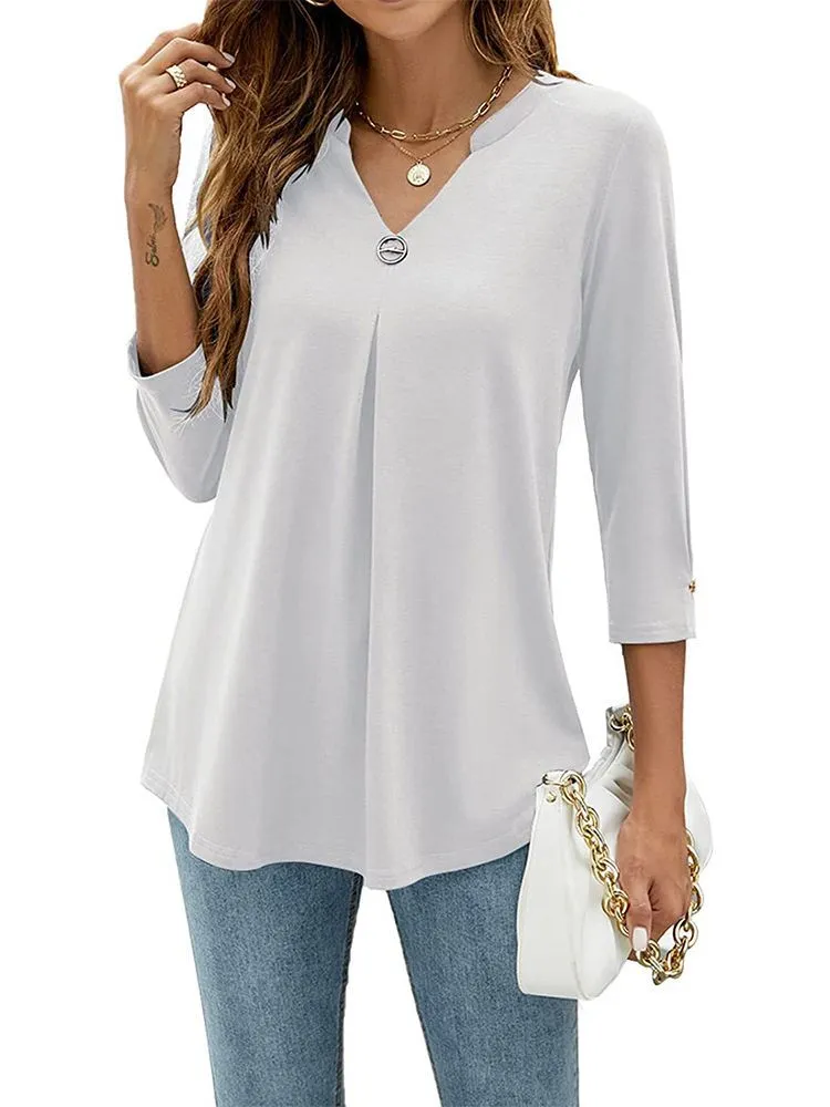 Women's Sleeve Solid Color Clinch Pleated T-shirt Tops