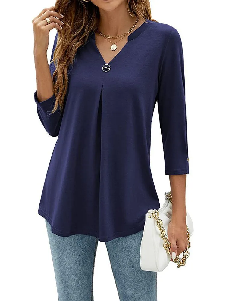 Women's Sleeve Solid Color Clinch Pleated T-shirt Tops