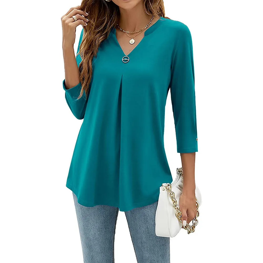 Women's Sleeve Solid Color Clinch Pleated T-shirt Tops