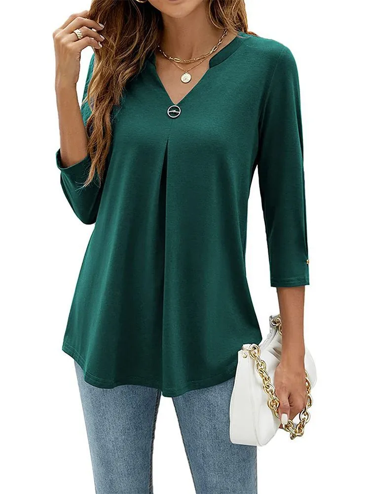 Women's Sleeve Solid Color Clinch Pleated T-shirt Tops