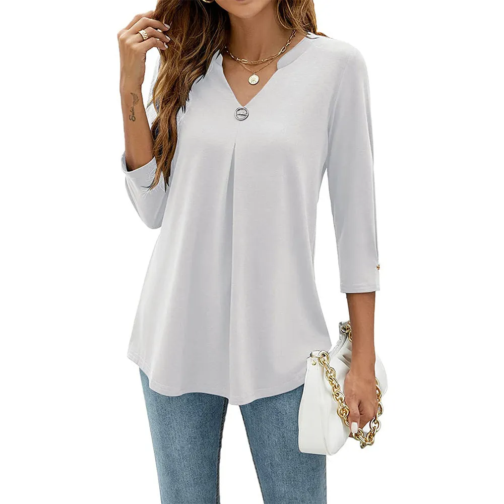 Women's Sleeve Solid Color Clinch Pleated T-shirt Tops