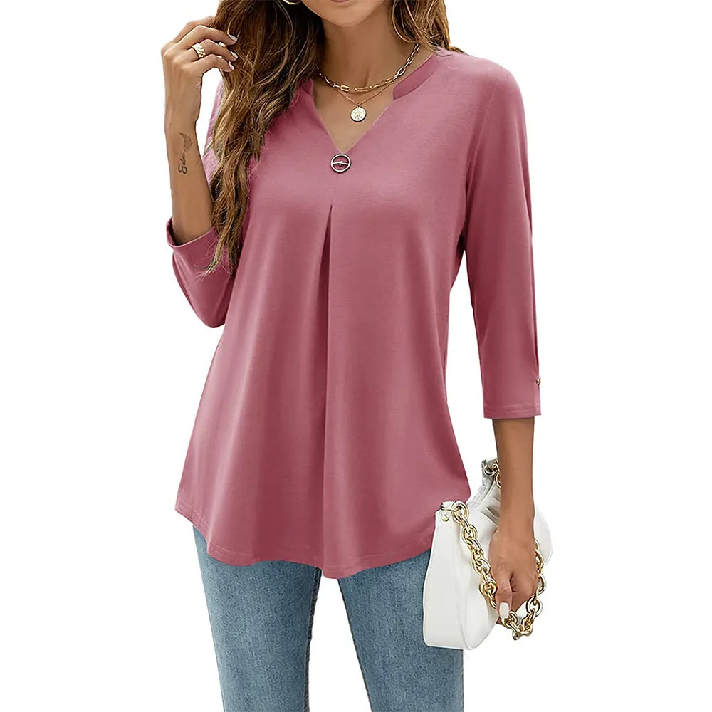 Women's Sleeve Solid Color Clinch Pleated T-shirt Tops