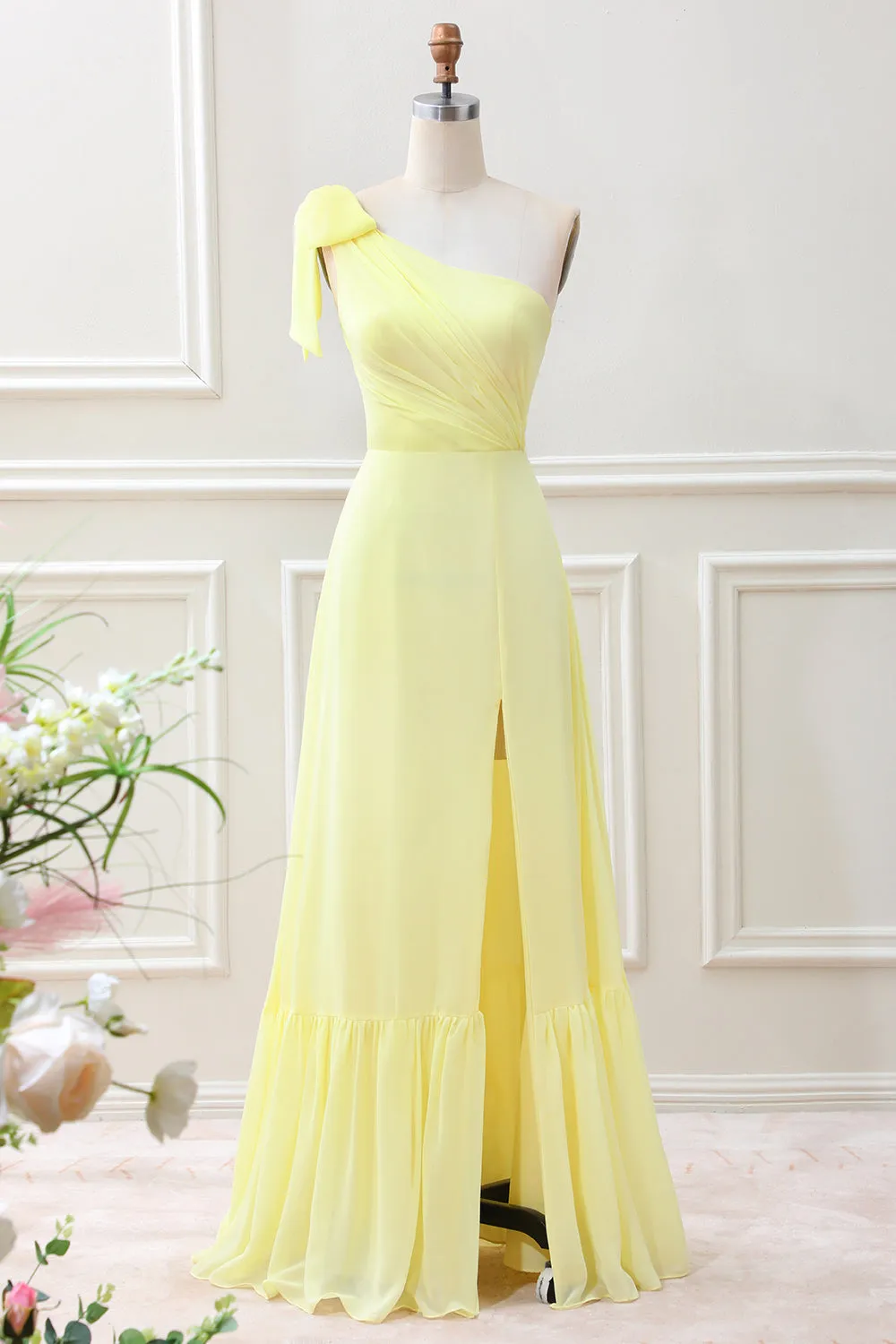 Yellow A Line One Shoulder Maxi Dress with Slit