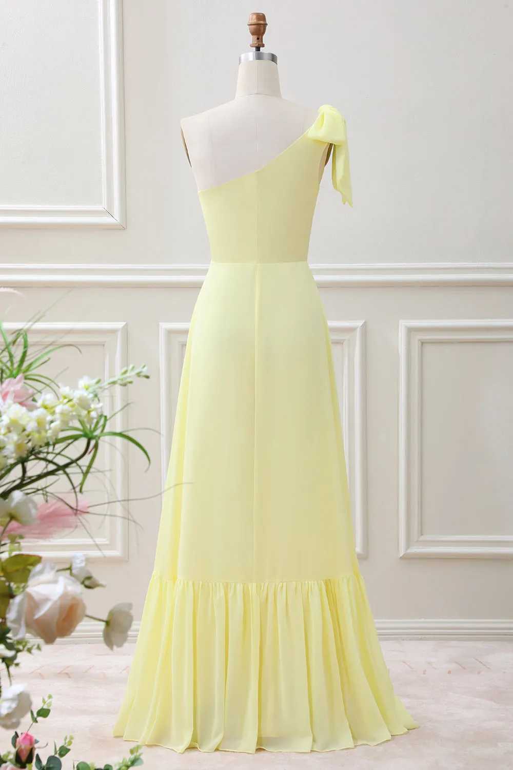 Yellow A Line One Shoulder Maxi Dress with Slit